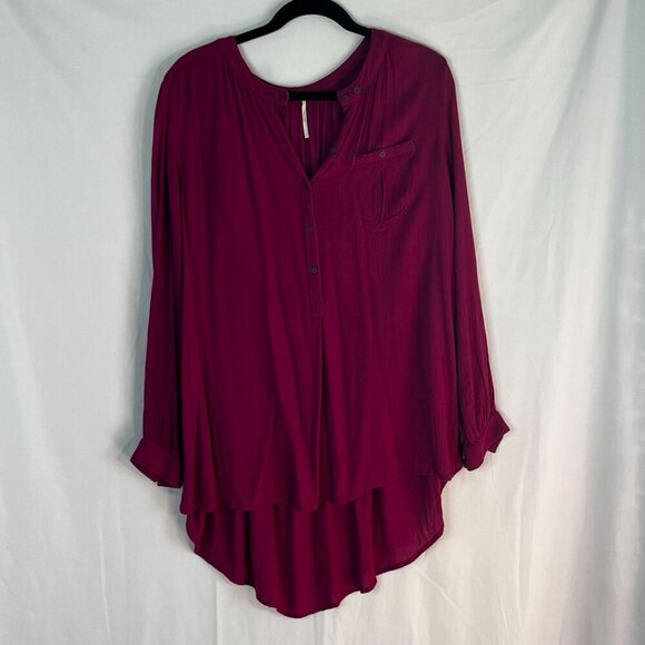 Free People  High-Low Button-Down Boyfriend Fit Tunic Top Tab Sleeve Magenta M - Picture 2 of 10
